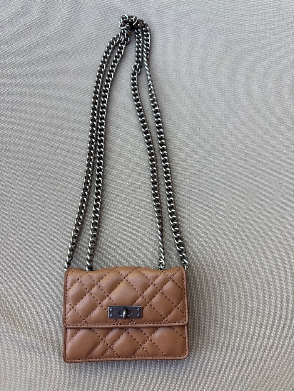 Quilted Faux Leather Crossbody Card Holder in Tan with Silver Chain Strap-New